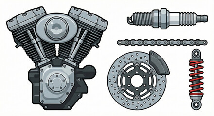 Illustrated set of crucial motorcycle engine and essential bike components for vehicle repair and maintenance projects