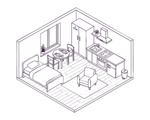 Isometric-Style Studio Room for a Single Person — Line Art Illustration