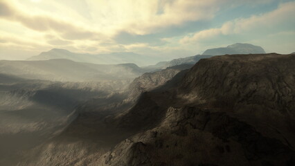 Misty mountains stretch across the horizon beneath a soft, glowing sky at sunset. The landscape unfolds with rugged terrain and gentle valleys, creating a serene and peaceful atmosphere.