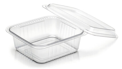 Clear square plastic food container with hinged lid