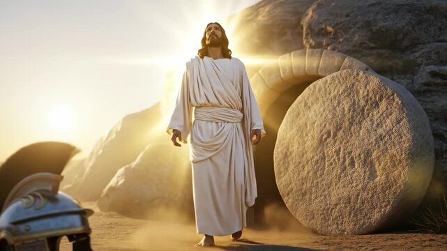 Jesus Christ resurrection from an open tomb with spear and roman soldier helmet. Easter and Christian religious concept.