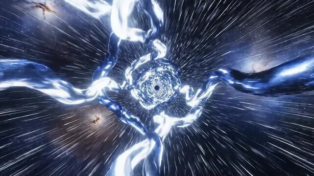 Hyperspace Tunnel A Mesmerizing Journey Through a Wormhole with Electric Blue Energy Streams and Distorted Star Trails Perfect for SciFi and Futuristic Visuals. - Powered by Adobe