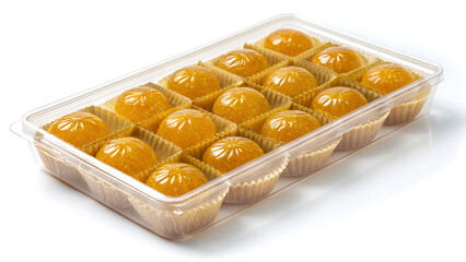 ladoo with jaggery and coconut in eco box, angled view open , isolated on white background
