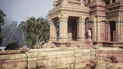 Fototapeta premium In a tranquil landscape, an ancient temple stands weathered yet majestic. Stone columns rise against a backdrop of vibrant trees, inviting exploration and wonder, as calm waters reflect its beauty.