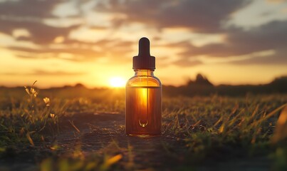 Amber dropper bottle with golden herbal liquid glowing in grassy field at sunset with natural light.