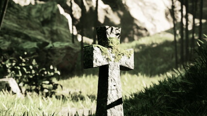 A moss covered stone cross stands tall in a serene forest, surrounded by vibrant greenery and towering trees. Sunlight filters through the leaves, creating a tranquil atmosphere.