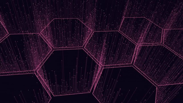 A dynamic 3D representation of a pink, hexagonal grid with intersecting lines forming a futuristic and intricate design, presenting a modern and high-tech aesthetic