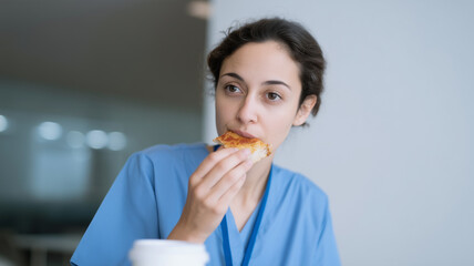Nurse woman blue uniform eating pizza break room tired overworked healthcare hospital quick meal stress fatigue young adult professional medical staff lunch snack sitting indoors fast food