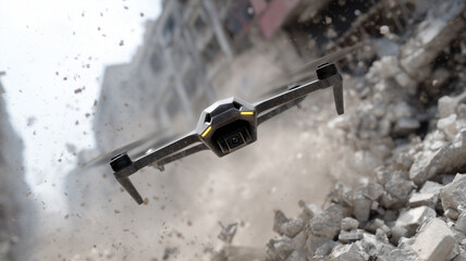 Modern warfare drone flying through collapsing debris in urban environment, showcasing advanced technology, agility, and resilience in chaotic, dusty cityscape