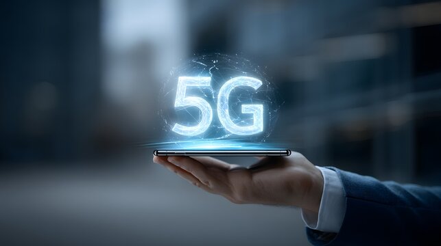 Businessman hand holding smartphone with glowing 5G connection symbol, fast internet and mobile communication technology concept background - Powered by Adobe