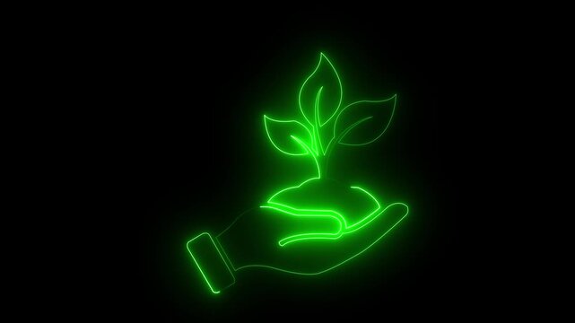Glowing neon hand holding green tree icon isolated , tree save icon isolated 