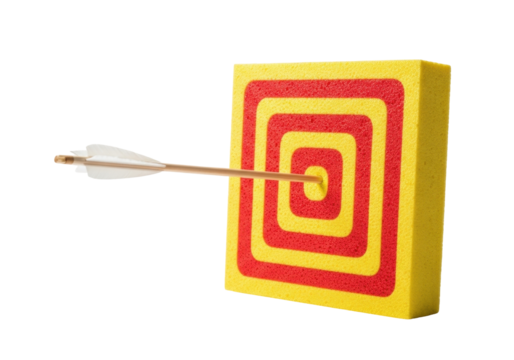 Isolated target archery square red yellow and arrow hit marksmanship success competition