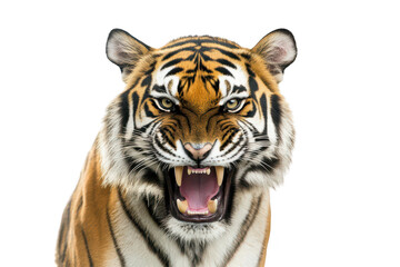 Obraz premium A fierce tiger with bared teeth and intense gaze. its powerful presence against a stark white background. symbolizing strength and nature?s beauty. ideal for wildlife photography
