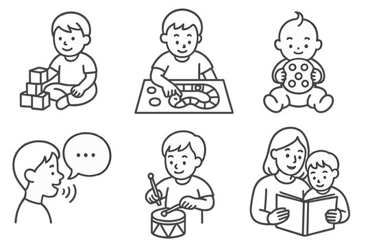 Childhood Development Icons. Line style icons of childhood neuroplasticity development: play-based learning, educational game