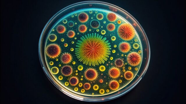 Colorful Bacterial Colonies Growing in Petri Dish Under Light