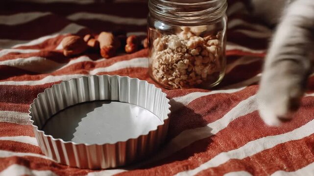 Close up of a decorative dessert baking tin and a jar