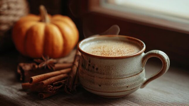 Cozy Autumn Scene Pumpkin Spice Latte Pumpkin and Cinnamon Sticks