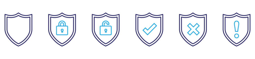 Shield linear vector icon pack. Minimal security symbols for apps, websites, cybersecurity, and protection themes.