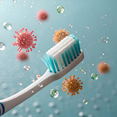 Oral Health Concept: Toothbrush, Germs, and Water Drops on Blue Background on transparent background