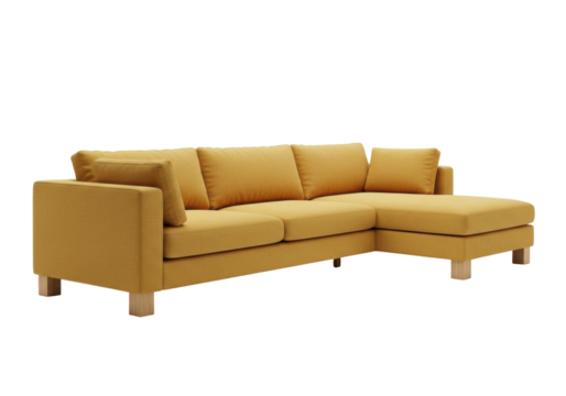 Isolated couch with modular sectional and chaise lounge in golden yellow color fabric