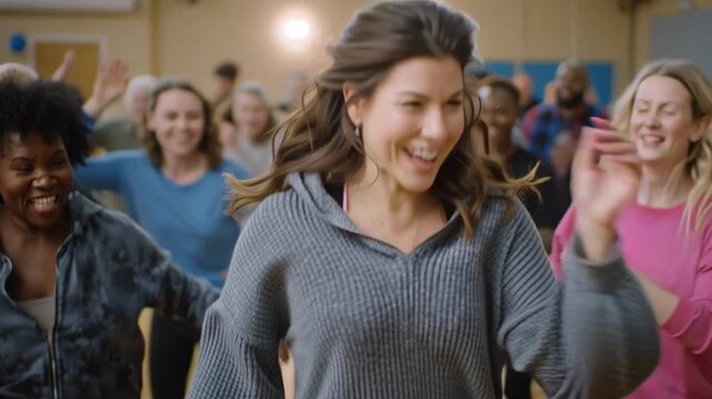Community movement session A diverse group of people dancing freely and joyfully in an open, brightly lit community hall, no rigid steps, just pure, expressive movement and shared positive energy.