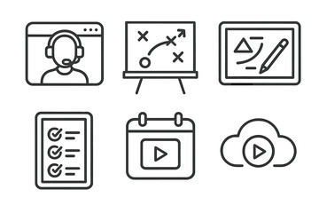 Remote Coaching Icons. Line style icons of remote coaching sessions: video call window with headset, shared tactical board,