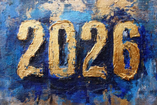 Bold golden numbers 2026 painted on a textured blue background, showcasing artistic brush strokes and vibrant colors, symbolizing the arrival of a new year and fresh beginnings