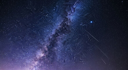 Fototapeta premium Wide shot of a starry night sky with the Milky Way galaxy visible, representing vastness, exploration, and cosmic wonder, perfect for astronomical theme