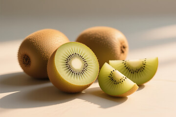 Set of fresh kiwi fruit whole, half and cut slice illustration.