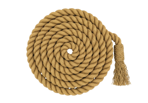 Isolated circular rope design, arranged in spiral form with tassel, ready for use in designs