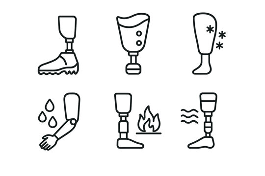Prosthetic Environment Icons. Line style icons of prosthetics for extreme environments: mountain climbing foot, desert-resistant