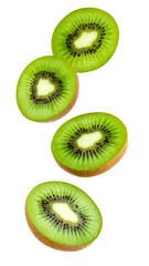 Fototapeta premium Half slices of fresh kiwi fruit with green flesh and black seeds falling through the air on a clean white background