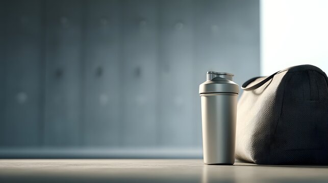 Gym locker room with sports bag and metal bottle, fitness and healthy lifestyle concept, workout motivation and exercise preparation
