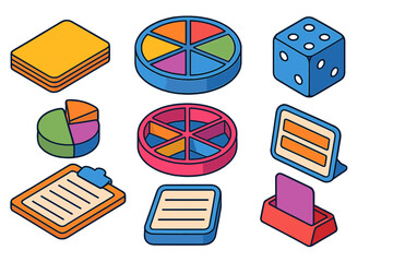 Board Game Elements. Isometric vector illustration set Board games &ndash; question card, pie piece token, turntable board; category
