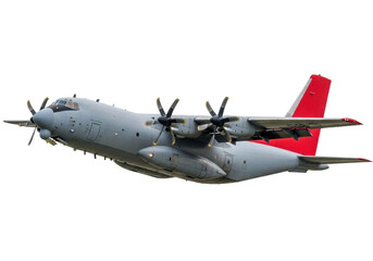 Isolated cargo aircraft in flight with contra-rotating propellers for military use transport