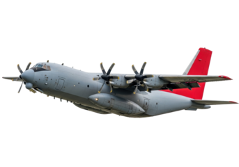 Isolated cargo aircraft in flight with contra-rotating propellers for military use transport