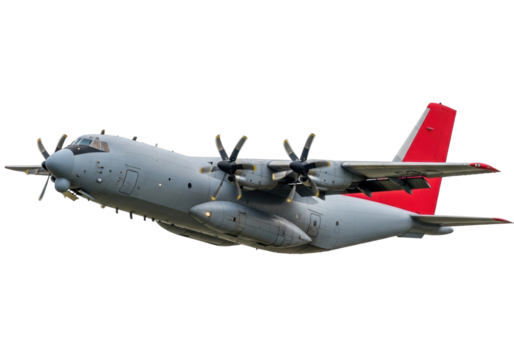 Isolated cargo aircraft in flight with contra-rotating propellers for military use transport