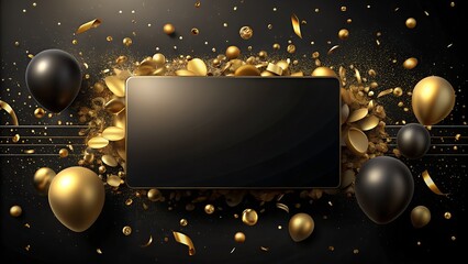 Luxurious black and gold celebration frame with blank copy space surrounded by balloons and confetti