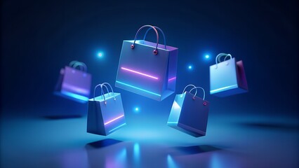 Futuristic glowing shopping bags with neon lights floating in a dark moody environment symbolizing online retail and digital commerce