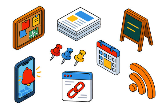 Community News Essentials. Isometric vector illustration set News and media – community news bulletin board, flyer stack,