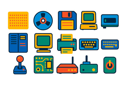 Vintage Tech Icons. Flat vector icons of Vintage Computing Devices: punch card, magnetic tape reel, floppy disk, old terminal,