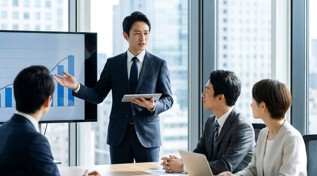 Asian businessman presenting a financial report with a graph on a screen discussing business strategy with colleagues in a modern office setting