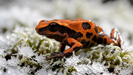 Orange and black patterned poison dart frog standing on green moss covered with delicate ice crystals, showcasing wildlife resilience in cold conditions