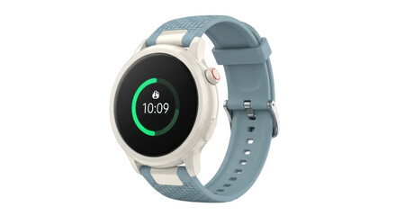Isolated smartwatch with blue wristband indicating time of ten past ten o'clock display
