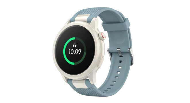 Isolated smartwatch with blue wristband indicating time of ten past ten o'clock display - Powered by Adobe