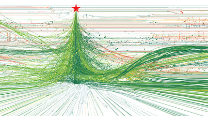 Obraz premium Abstract Digital Christmas Tree of Data Lines & Network Connections with Red Star - Festive Technology Visualization