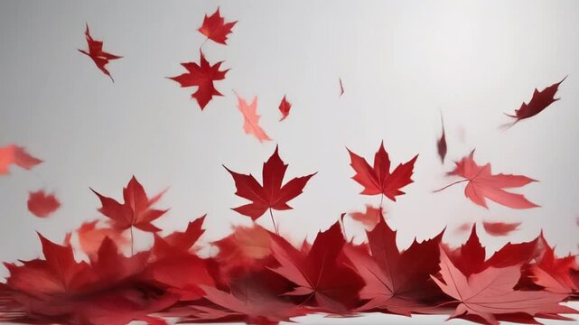 Elegant red maple leaves descending slowly with swirling motion against a solid white backdr