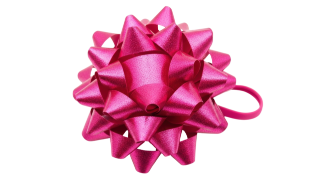 Isolated shiny pink gift bow with a pull string, decoration for birthdays and special occasions