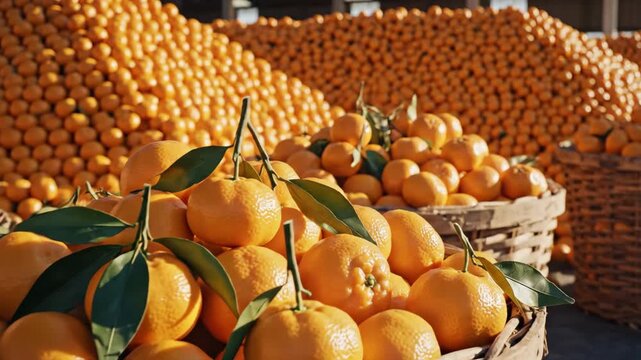 Harvested mandarins with green leaves filling wicker baskets, ready for distribution, with large piles of citrus fruits in the background, signifying abundance and fresh produce