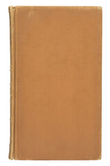 A plain, aged, tancolored hardcover book with a textured fabric cover, isolated on white